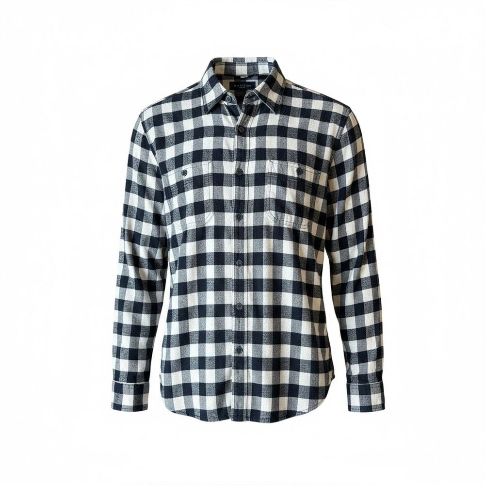 J.Crew Men's Navy & White Buffalo Check 100% Cotton Flannel Shirt - Size Medium